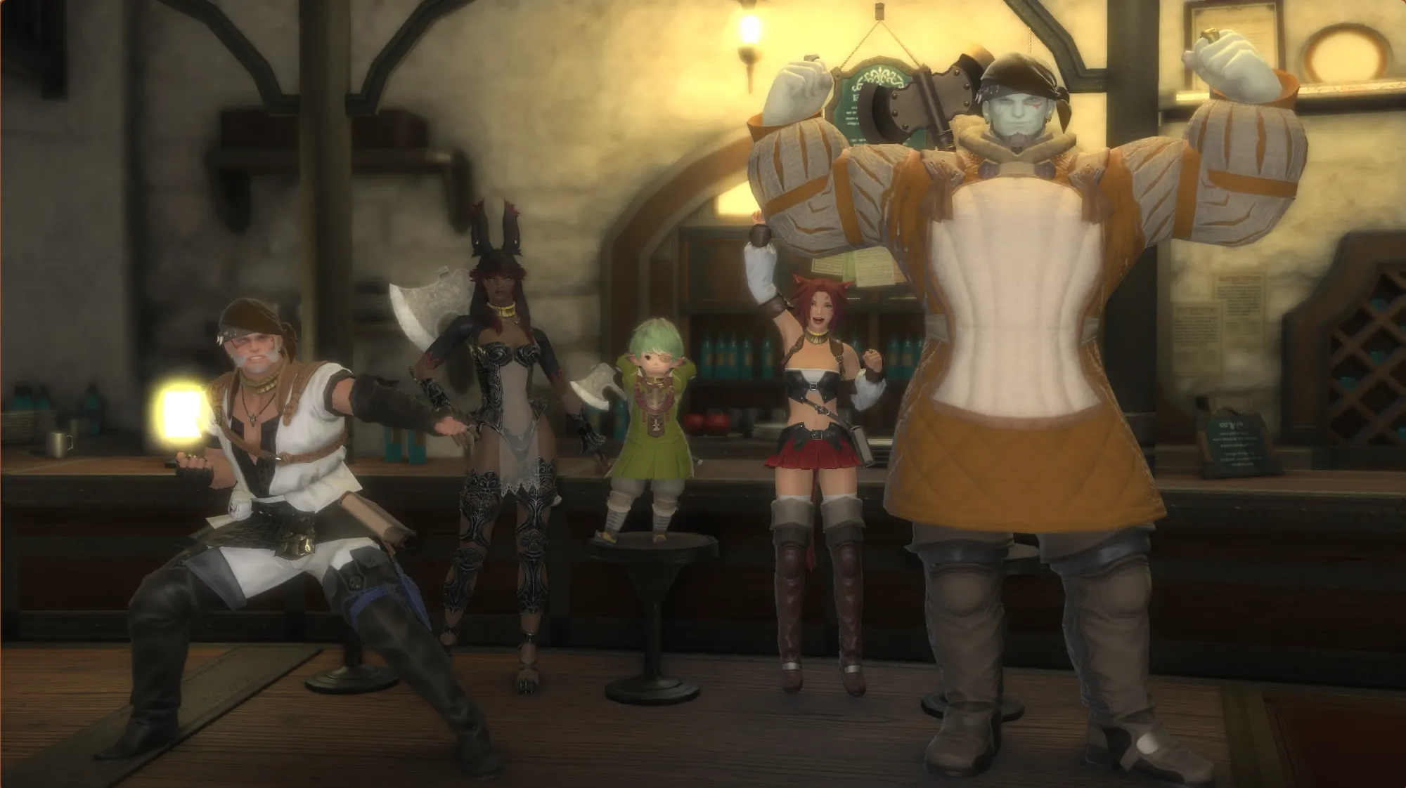A picture of a male Hume, a female Viera, a male Lalafell, a female Miqo'te and a male Roegadyn posing for the camera in a bar.