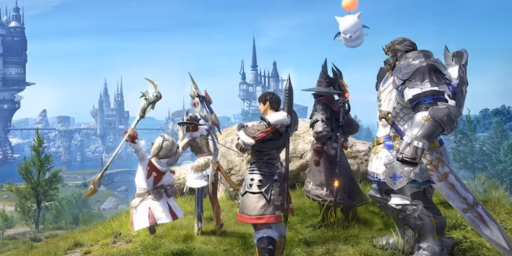 A screenshot of Final Fantasy XIV, where the party of the Warrior of Light stands on a hill overlooking Limsa Lominsa.